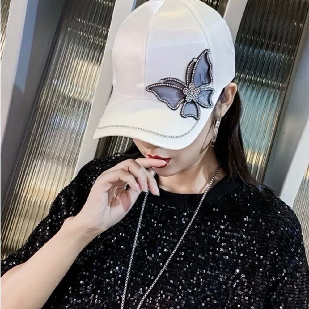 White Rhinestone & Butterfly Decor Baseball Cap - Picture 7 of 10